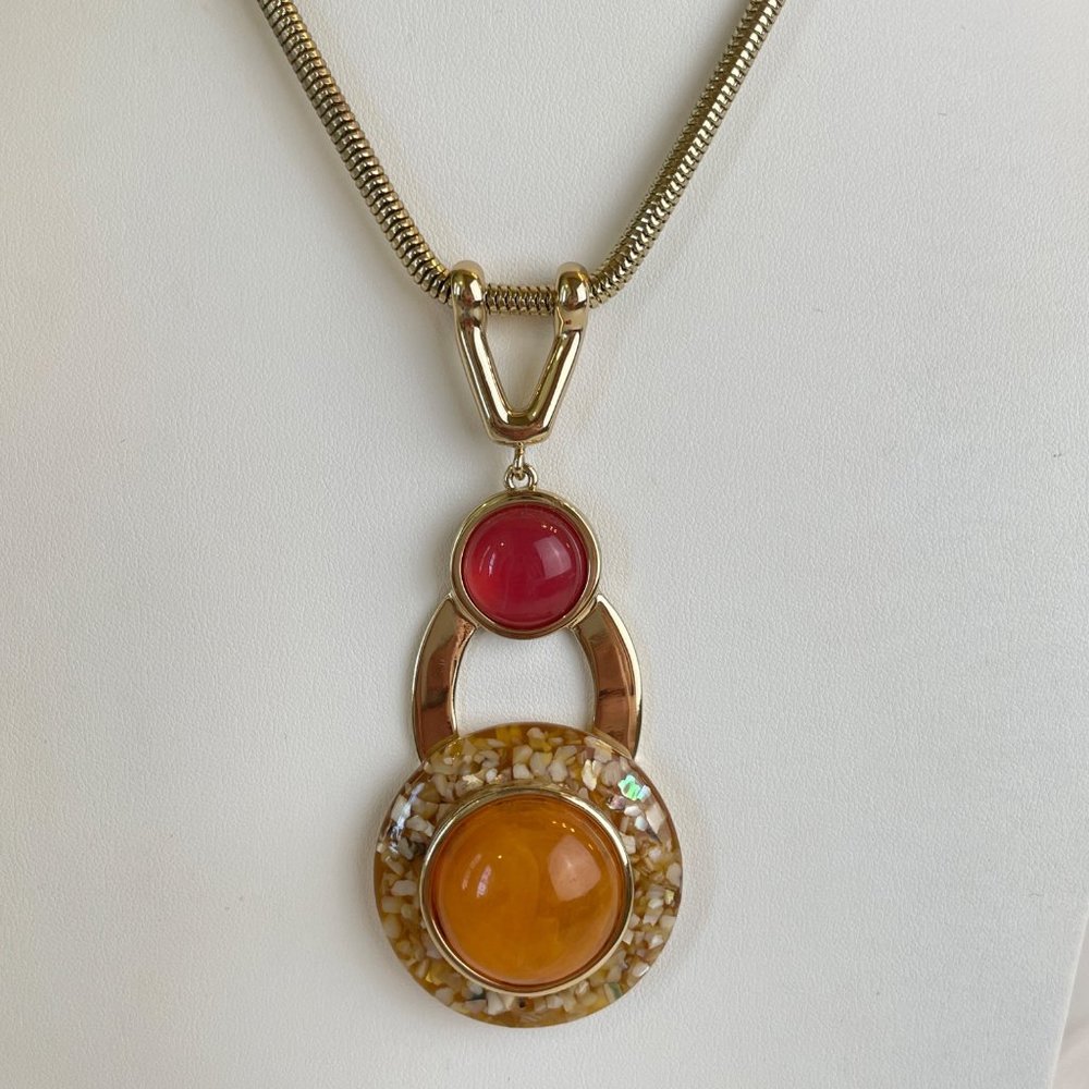Chico’s Pendant Necklace Orange Pink MOP Acrylic Gold Tone - Picture 3 of 6